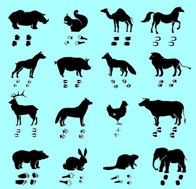 Nouvelle silhouette d'animaux sauvages et domestiques et d'oiseaux avec leurs traces monochromes isolées
