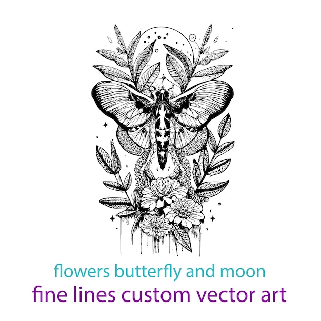 Nouvelles fleurs papillons et lignes fines de lune illustration de conception d'art vectoriel personnalisée