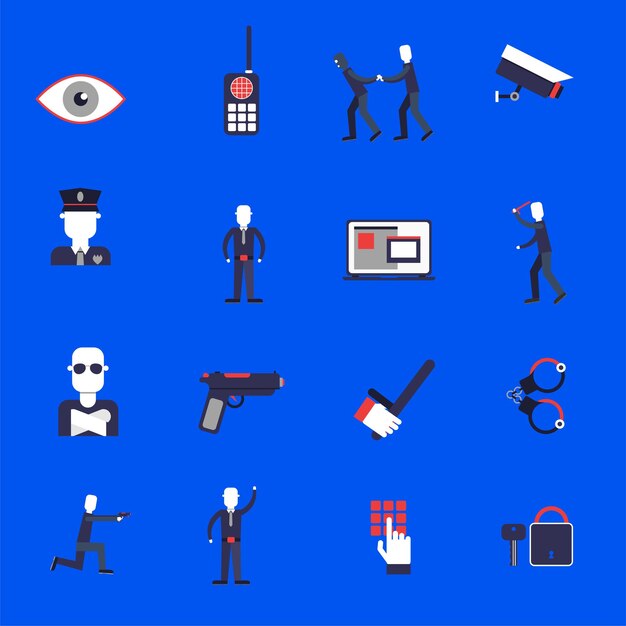 Nouvelles icônes de personnages de dessins animés du service de garde de sécurité avec des tâches de patrouille et de détention