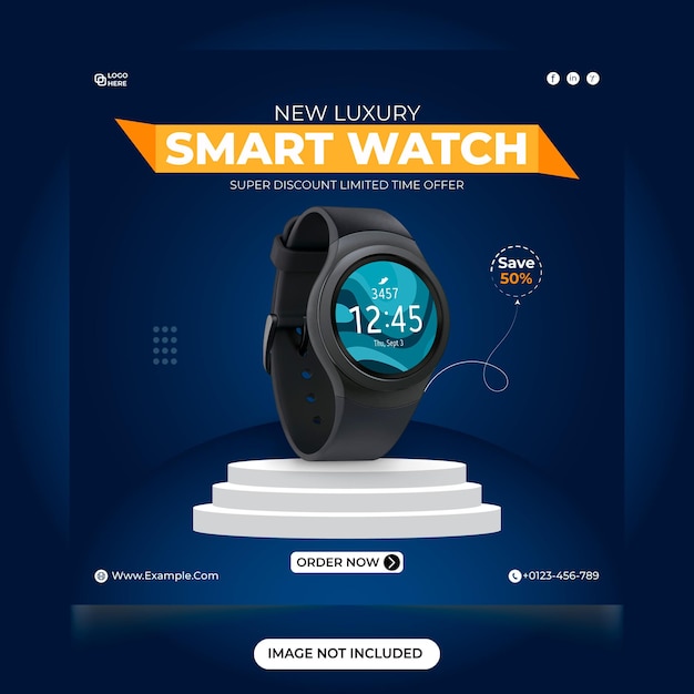 Nouvelles ventes de montres intelligentes de luxe postées sur les réseaux sociaux avec une couleur bleu foncé Ban sur le web promotionnel du magasin de montres