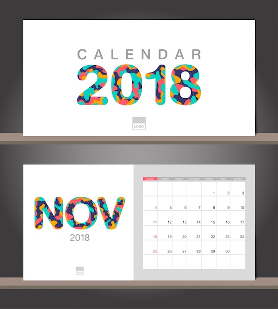 Vecteur novembre 2018 calendrier. modèle de conception moderne de calendrier de bureau avec des styles de papier découpé