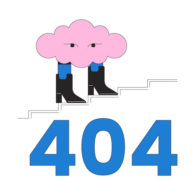 Nuage surréaliste marchant dans les bottes erreur 404 message flash Cumulus monter les escaliers Conception de l'interface utilisateur de l'état vide de rêve Page introuvable image de dessin animé popup Concept d'illustration plate vectorielle sur fond blanc
