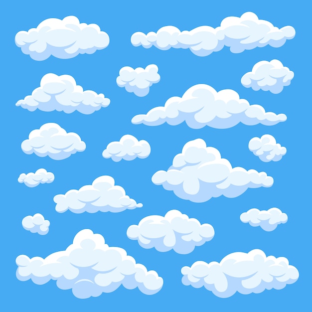 Nuages blancs moelleux de dessin animé dans le vecteur de ciel bleu