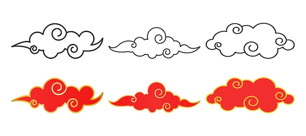 Vecteur nuages chinois traditionnels dessinés à la main. collection de nuages rouges et contours. décoratif du nouvel an lunaire