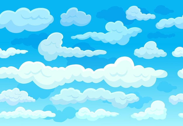 Vecteur nuages de dessin animé sur le ciel bleu nuage blanc volant impression paysage aérien simple frontière naturelle printemps été temps nuageux modèle sans couture de vecteur néotérique ciel