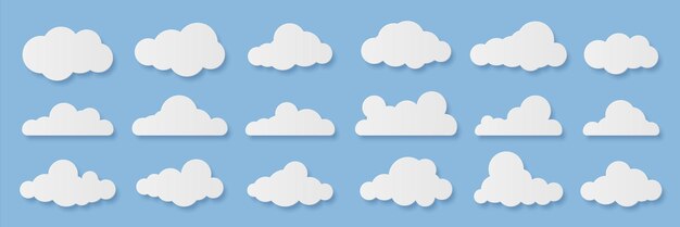 Nuages Dessin animé ciel pluvieux Formes nuageuses décoratives découpées en papier Formes moelleuses sur fond bleu Ensemble de modèles d'origami Maquette de prévisions météorologiques ou signes informatiques Éléments vectoriels du ciel