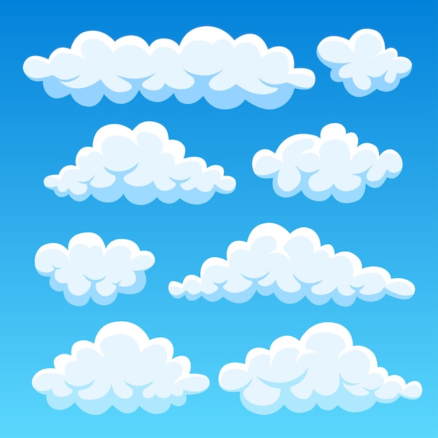 Nuages de dessin animé dans le ciel bleu. Cloudscape sur fond. Paradis.