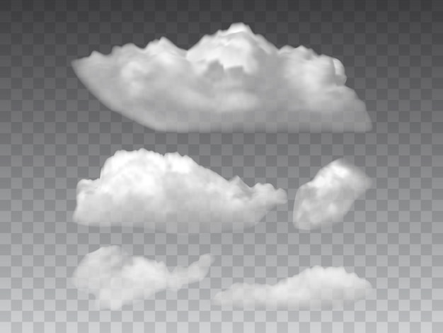 Nuages duveteux blancs isolés sur fond gris vecteur