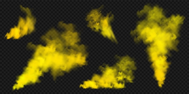 Vecteur nuages de fumée jaunes et colorés réalistes effet de brume brouillard coloré sur fond sombre vapeur dans la vapeur d'air