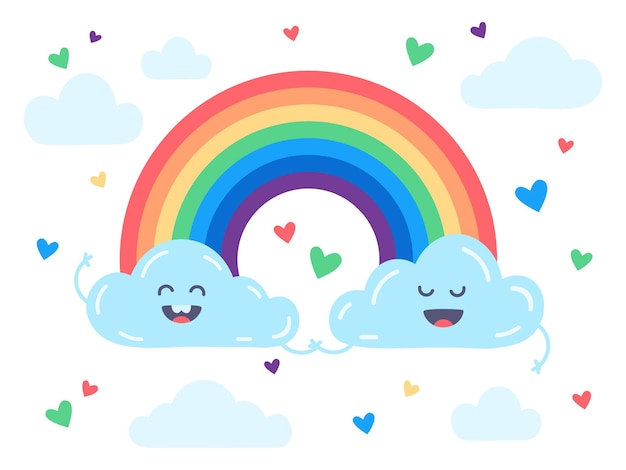 Nuages mignons et illustration plate arc-en-ciel