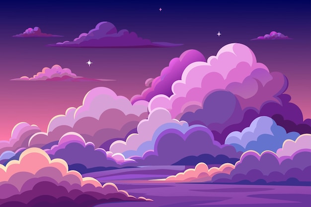 Vecteur des nuages moelleux dérivent paresseusement dans un crépuscule violet