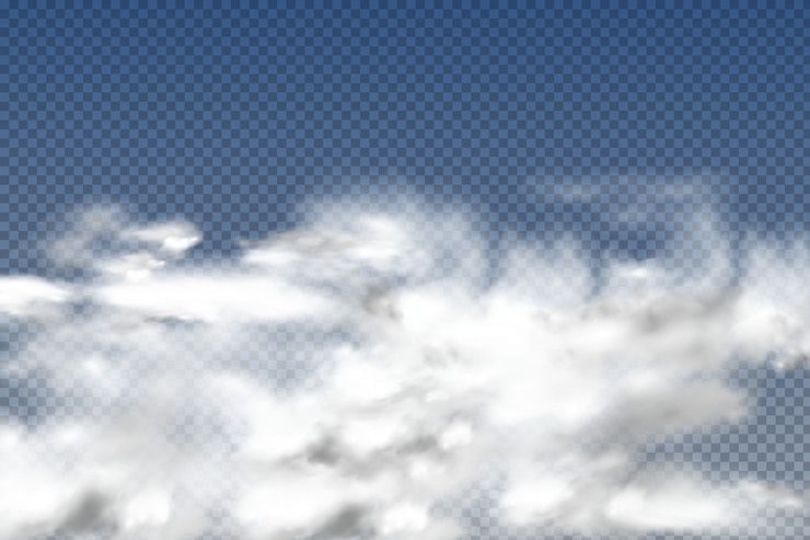 Vecteur nuages réalistes isolés et transparents, brouillard ou fumée sur fond bleu.
