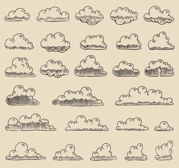 Nuages Rétro Gravure Illustration Vectorielle, Dessinés à La Main, Croquis