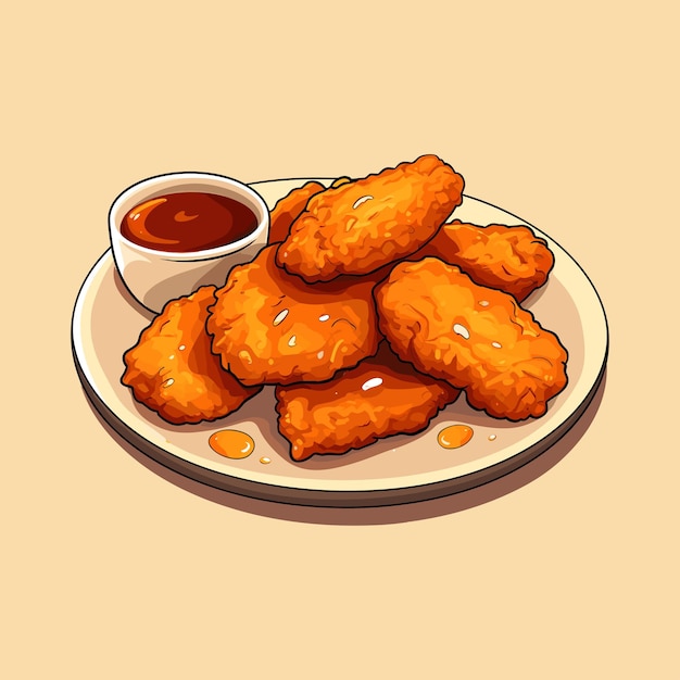 Nuggets de poulet frit croustillants sur une illustration de plaque en vecteur de style dessin animé