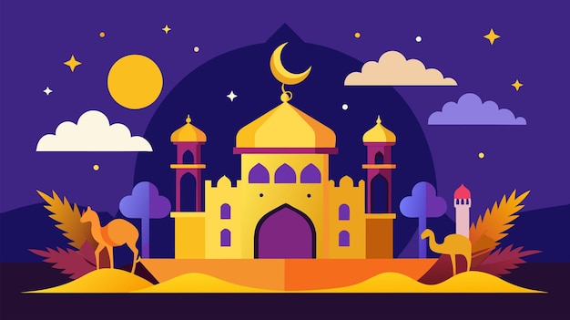 Vecteur une nuit arabe colorée illustrée avec des chameaux et une mosquée