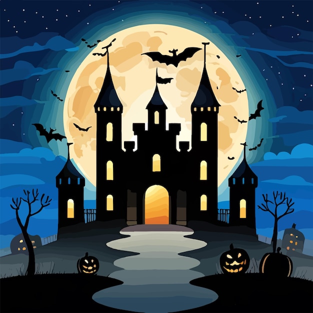 Nuit d'Halloween avec château de silhouette noire sur la route et chauves-souris sur fond de lune