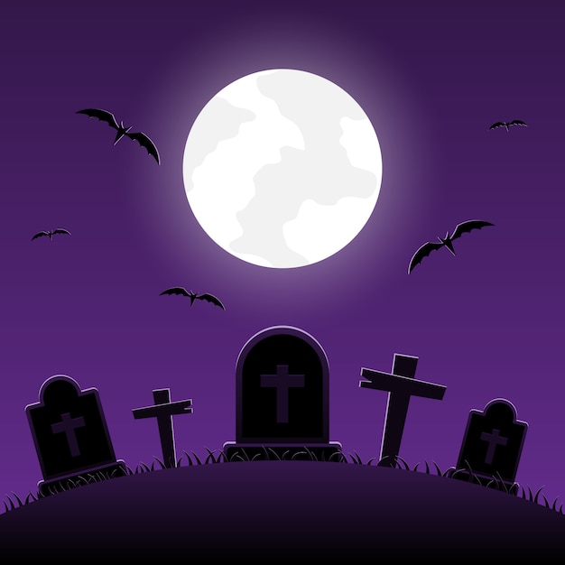 Nuit d'Halloween, cimetière avec croix sur fond de clair de lune