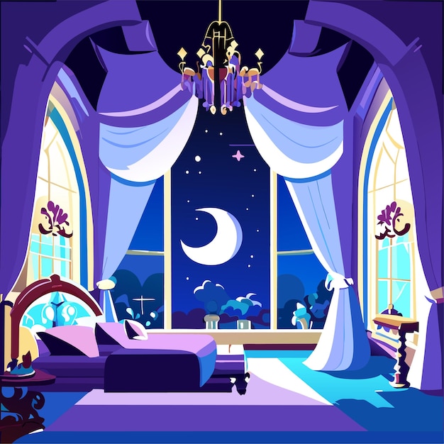 Vecteur la nuit princesse château chambre à coucher intérieur arrière-plan miroir rideau lit chaise et table de nuit meubles