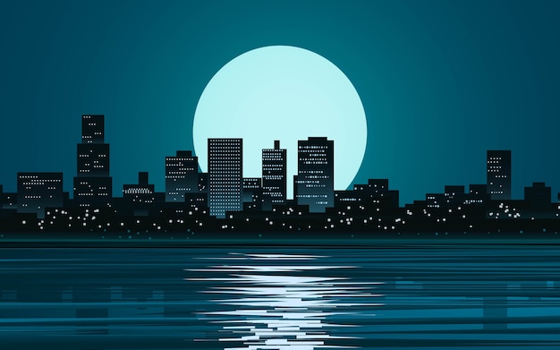 Vecteur nuit en ville avec pleine lune et réflexion