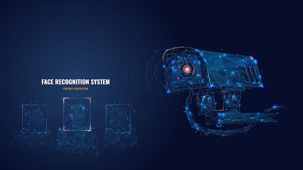 Vecteur numérisation de caméra 3d abstraite visages système de reconnaissance faciale polygonale numérisation biométrique