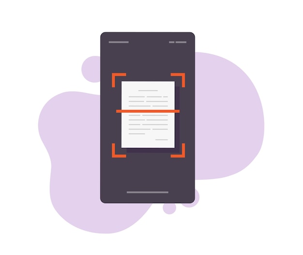 Vecteur numérisation d'un document texte à l'aide d'un vecteur de téléphone portable illustré téléphone portable smartphone reconnaître l'application de numérisation à l'écran via l'image de la caméra