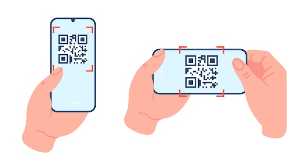 Numérisation du code QR sur l'écran du téléphone Application pour smartphone Bras tenant le mobile Identification par code-barres numérique Service de paiement en ligne Analyse des informations Ensemble de scanners téléphoniques vectoriels