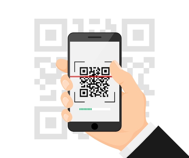 Numérisation du code QR vers le smartphone pour plus de détails, code QR pour le paiement. Téléphone portable scannant le code QR. Vérification. Illustration vectorielle.
