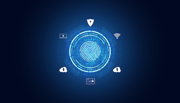 Numérisation d'empreintes digitales abstraites Cryptage pour se connecter Icônes de cybersécurité sur fond bleu moderne