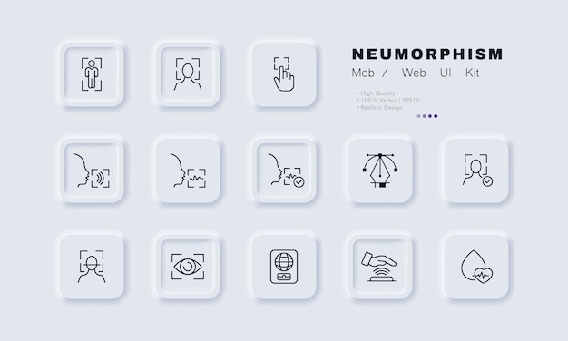 Numérisation De L'icône De L'ensemble De Données Biométriques Numérisation De La Confidentialité Visage Id Impulsion Empreinte Digitale Main Voix Déverrouiller L'iris Des Yeux Passeport International Concept Technologique Néomorphisme Icône De Ligne Vectorielle Pour Les Entreprises