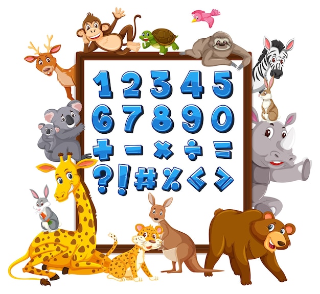 Numéro 0 à 9 Et Symboles Mathématiques Sur La Bannière Avec Des Animaux Sauvages