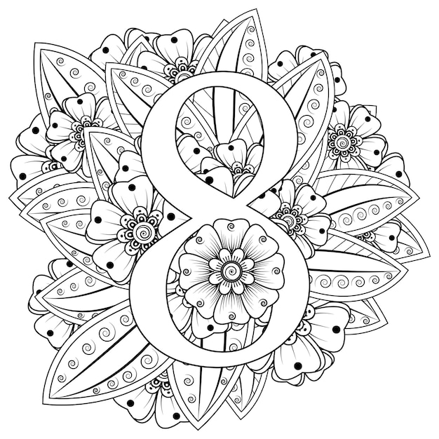 Numéro 8 Avec L'ornement Décoratif De Fleur De Mehndi Dans La Page De Livre De Coloriage De Style Oriental Ethnique