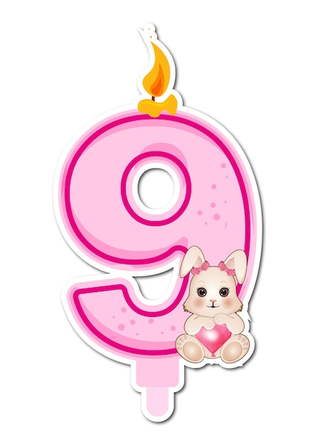Numéro 9 avec un mignon lapin et une bougie sur fond blanc Illustration vectorielle