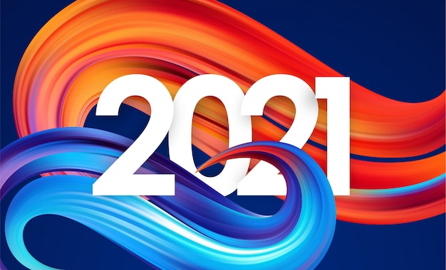 Numéro de l'année 2021 avec forme de trait de peinture torsadée abstraite colorée.