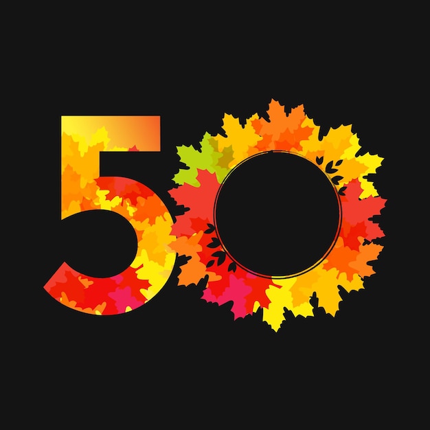 Vecteur numéro d'automne 50 logo de vente d'automne titre créatif couronne de vacances avec des feuilles rouge orange et jaune