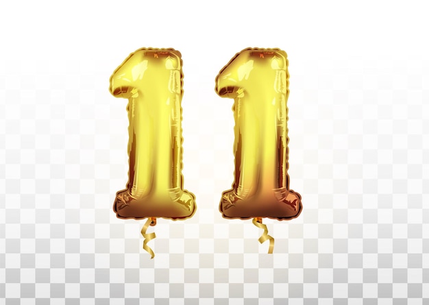 Numéro De Ballon Doré Isolé Réaliste De Vecteur De 11 Pour La Décoration D'invitation Sur Le Fond Transparent. Anniversaire Réaliste De Vecteur Célébrant Le Nombre De Ballons D'or 11