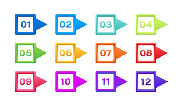 Vecteur numéro bullet point marqueurs colorés 1 à 12 illustration vectorielle