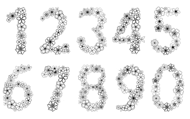 Numéro de fleur simplement réglé avec une tête de fleur isolée éléments dessinés à la main pour la carte d'invitation de conception et la page de coloration élément floral en noir et blanc pour l'éducation des enfants
