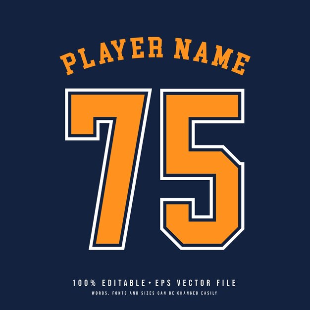 Numéro de maillot nom de l'équipe de basket-ball effet de texte imprimable vecteur modifiable 75 numéro de maillot