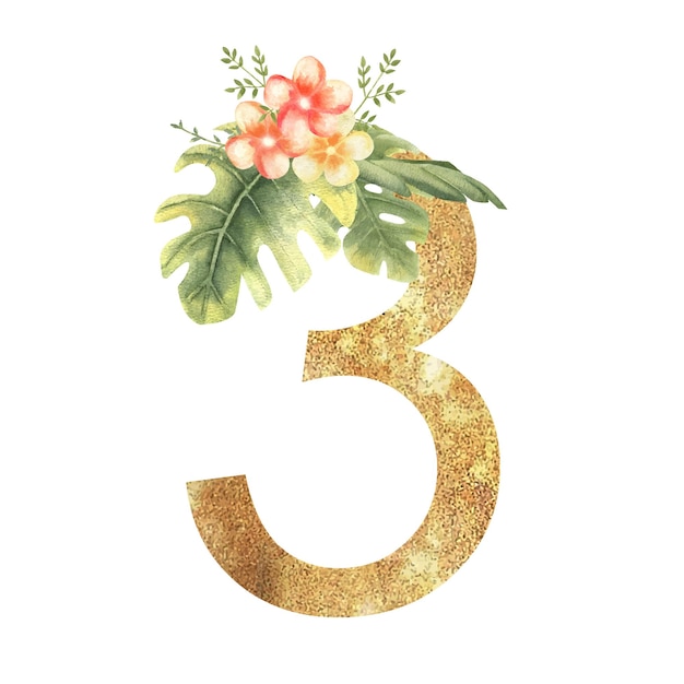 Numéro d'or 3 avec un bouquet aquarelle de feuilles tropicales et de fleurs sur fond blanc isolé Illustration vectorielle dessinée à la main