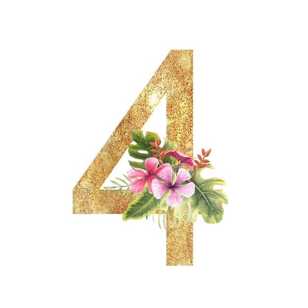 Numéro d'or 4 avec un bouquet aquarelle de feuilles tropicales et de fleurs sur fond blanc isolé Illustration vectorielle dessinée à la main