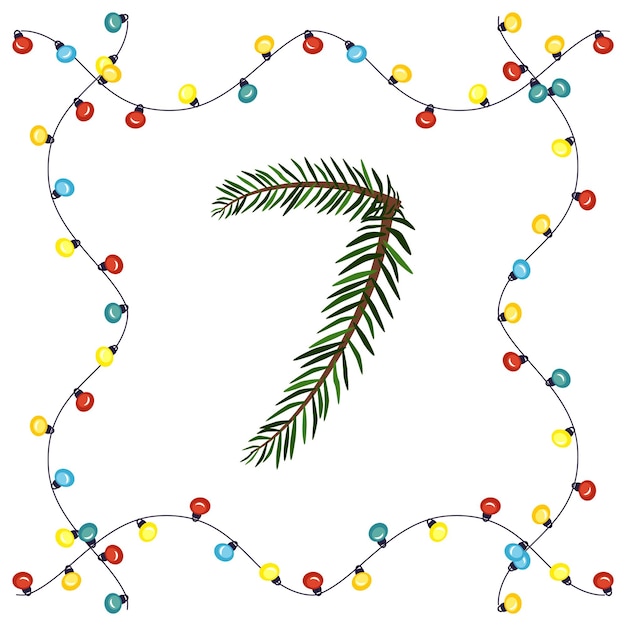 Vecteur numéro sept des branches vertes d'arbres de noël. police festive et cadre de guirlande, symbole de la bonne année et de noël, personnage pour la décoration de la date