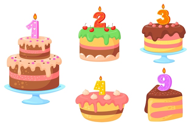 Vecteur numéros de bougies de gâteau gâteaux d'anniversaire avec des bougies de célébration colorées délicieuses desserts à la crème décoration de fête de vacances félicitations enfants dessin animé mignon vecteur soigné