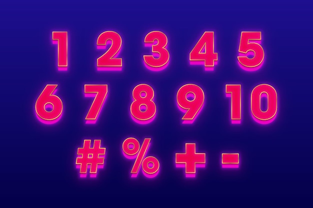 Numéros de fond violet texte néon rouge set vector