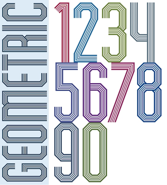 Vecteur numéros géométriques colorés rétro avec des lignes parallèles, des lettres d'affiches décoratives.