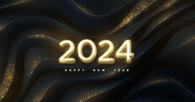 Numéros D'or 2024 Sur Fond Géométrique Noir Avec Paillettes Bonne Nouvelle Année 2024 Illustration De Vacances Vectorielle Bannière D'événement Festif Toile De Fond Topographique Ondulée