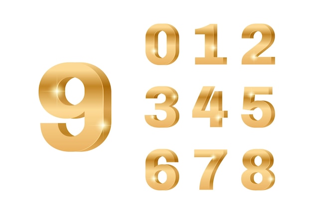 Numéros d'or 3d de 0 à 9 Texture étincelante d'or dégradé Numéros d'or avec effet d'étincelles Illustration vectorielle