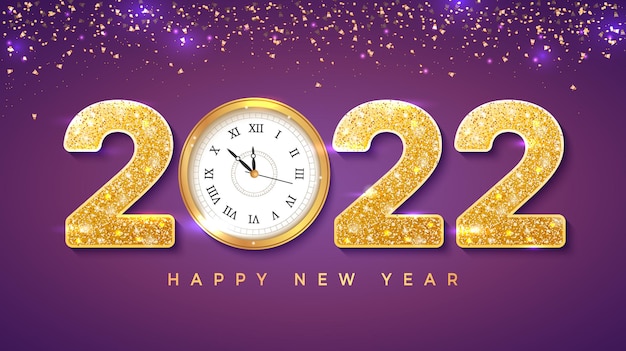 Numéros D'or De Bonne Année 2022 Avec Des Paillettes Et Une Horloge Murale Flyer De Bannière De Fond