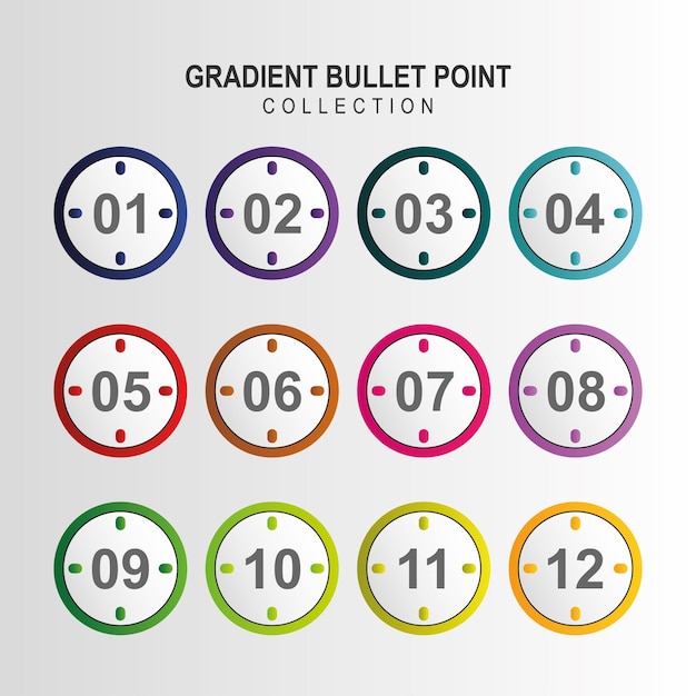 Vecteur numéros de points circulaires vectoriels de un à douze avec des gradients colorés