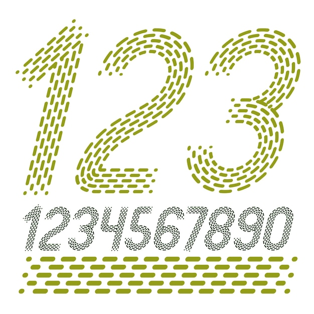 Numéros vectoriels, ensemble de chiffres modernes. La numérotation rétro italique grasse arrondie de 0 à 9 peut être utilisée pour la création de logo. Créé à l'aide de tirets, de lignes parallèles.