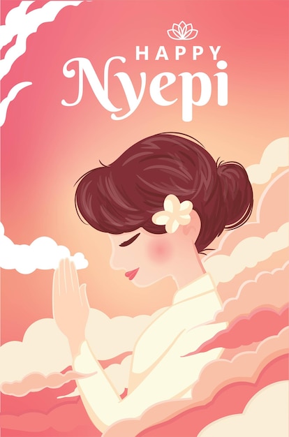 Nyepi Bali Journée De Silence Avec Une Belle Fille Hindoue Priant Bannière D'affiche D'illustration Vectorielle